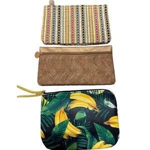 Ipsy Bundle Wristlets Bronze Wicker Summer & Banana Polka Dot Design Clutch